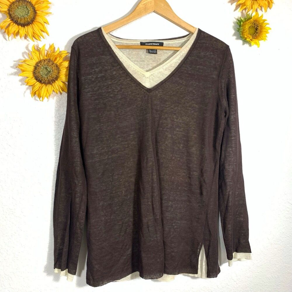 Ellen Tracy Brown And Crème Linen Blend Lightweight Sweater Women’s Size Medium